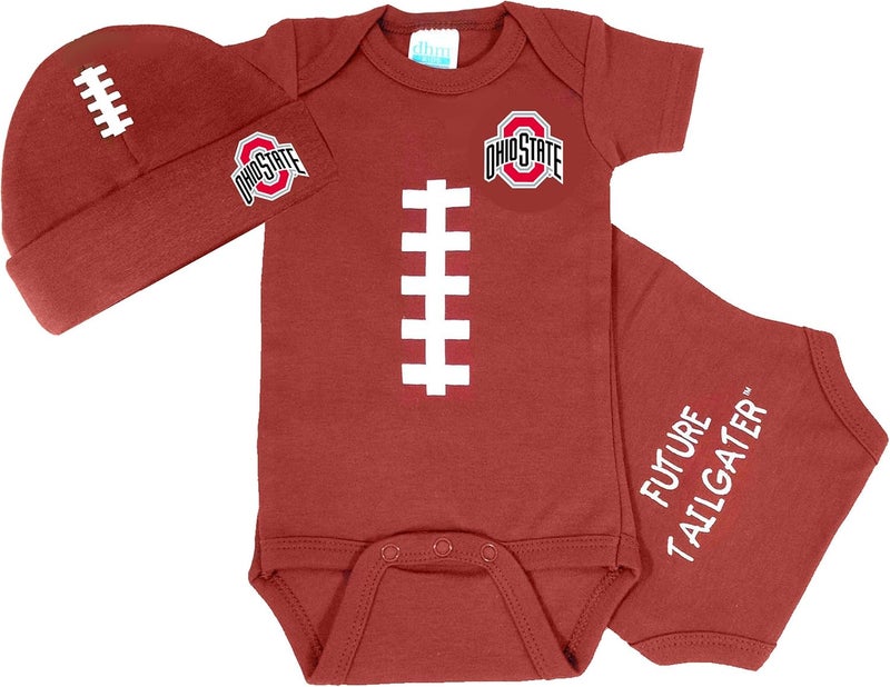 Future Tailgater Ohio State Buckeyes Officially Licensed 100% Cotton Brown FT Baby Football Bodysuit and Football Cap Set - Image 1
